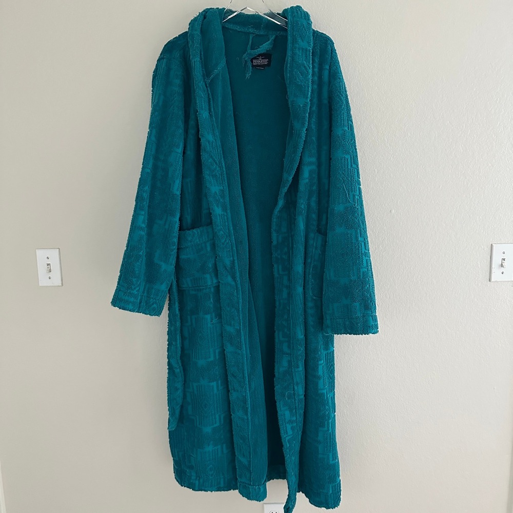 Pendleton Bathrobe L-XL Teal Blue Southwestern Hooded Terry Cloth Loungewear